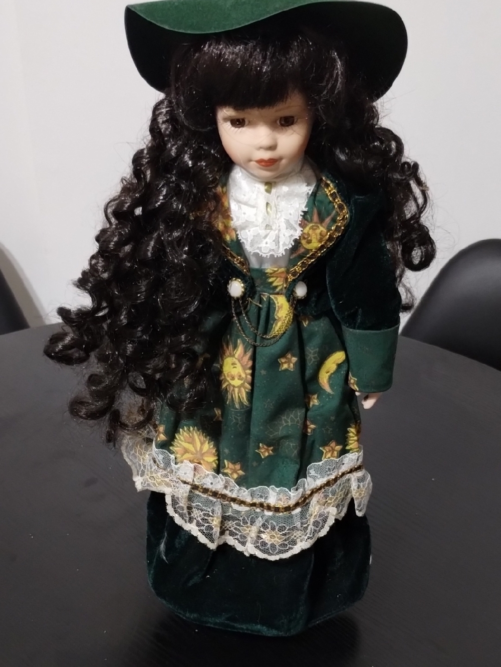 Porcelain Collector Doll in Dark Green Dress with Sun & Moon Print